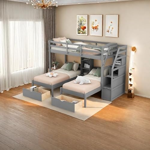 Twin Triple Bunk Beds with Stairs and Built-in Storage Shelves, Modern WoodenTriple Bunk Bed Frame with Drawers for Kids, No Box Spring Needed, Gray