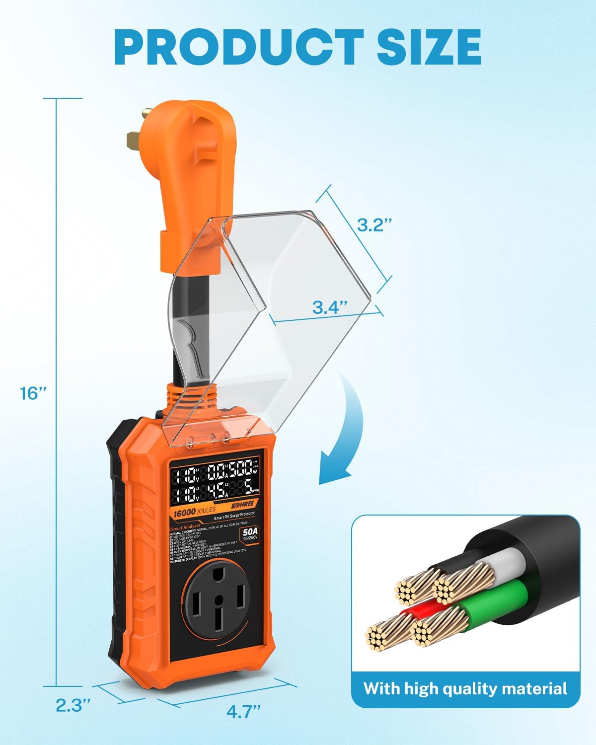 Kohree RV Surge Protector 50 Amp, RV Power Surge Voltage Protection, RV Adapter Plug with Real-Time Circuit Analyzer Smart Auto Shut Off LED Large Screen for Travel Trailers Camper, 50A 16000J-Orange