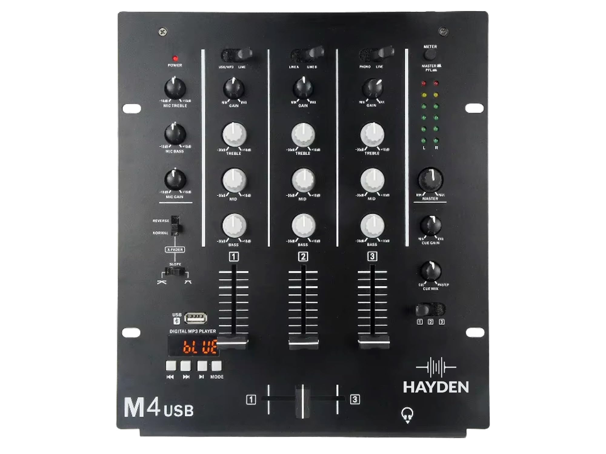 HAYDEN M4 | 3-Channel DJ Scratch Mixer with 3-Band EQ, Rack