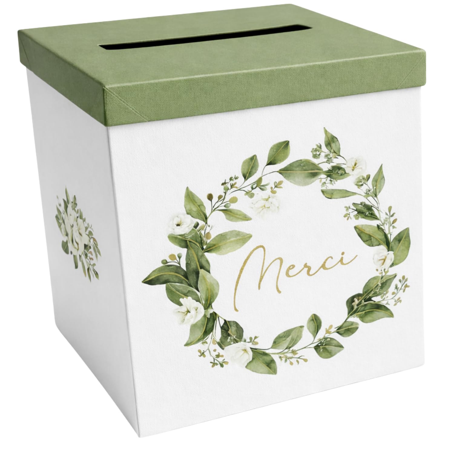 Pack Signature Vert et Or : 4 éléments (Urne Merci, Livre d’or, Stylo encre doré, Chevalet en bois) pour mariage, baptême, anniversaire, départ en retraite et toutes célébrations