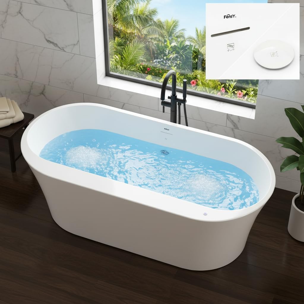FerdY 67" Acrylic Freestanding Whirlpool Bathtub with LED Light, 8 Air & Water Jets, Contemporary Soaking tub with White Drain, Elegant Oval Shape, cUPC Certified, Mauritius