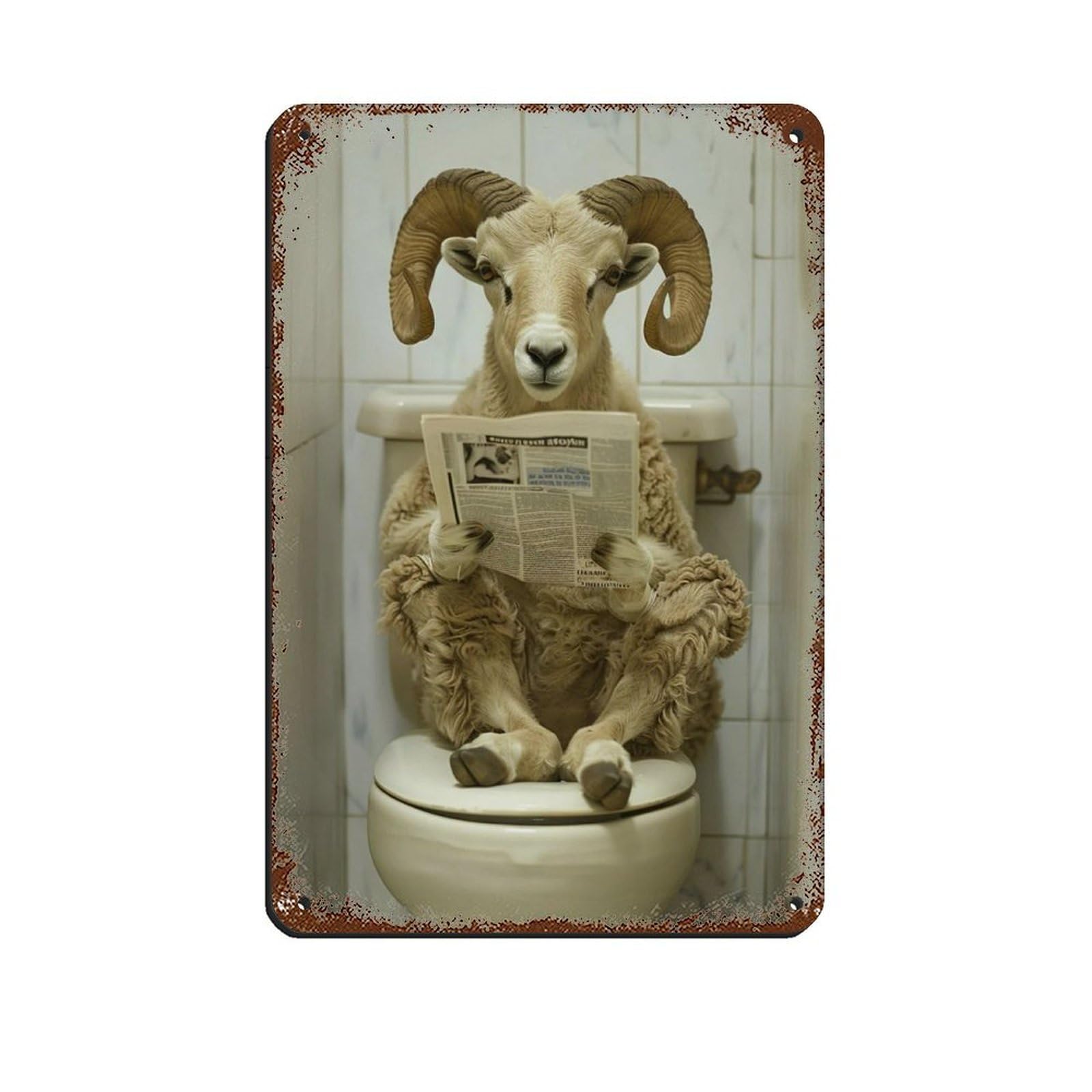 Ram Sitting on The Toilet Reading A Newspaper Retro Poster Metal Tin Sign Chic Art Retro Iron Painting Bar People Cave Cafe Family Garage Poster Wall Decoration 8x12inch(20x30cm)