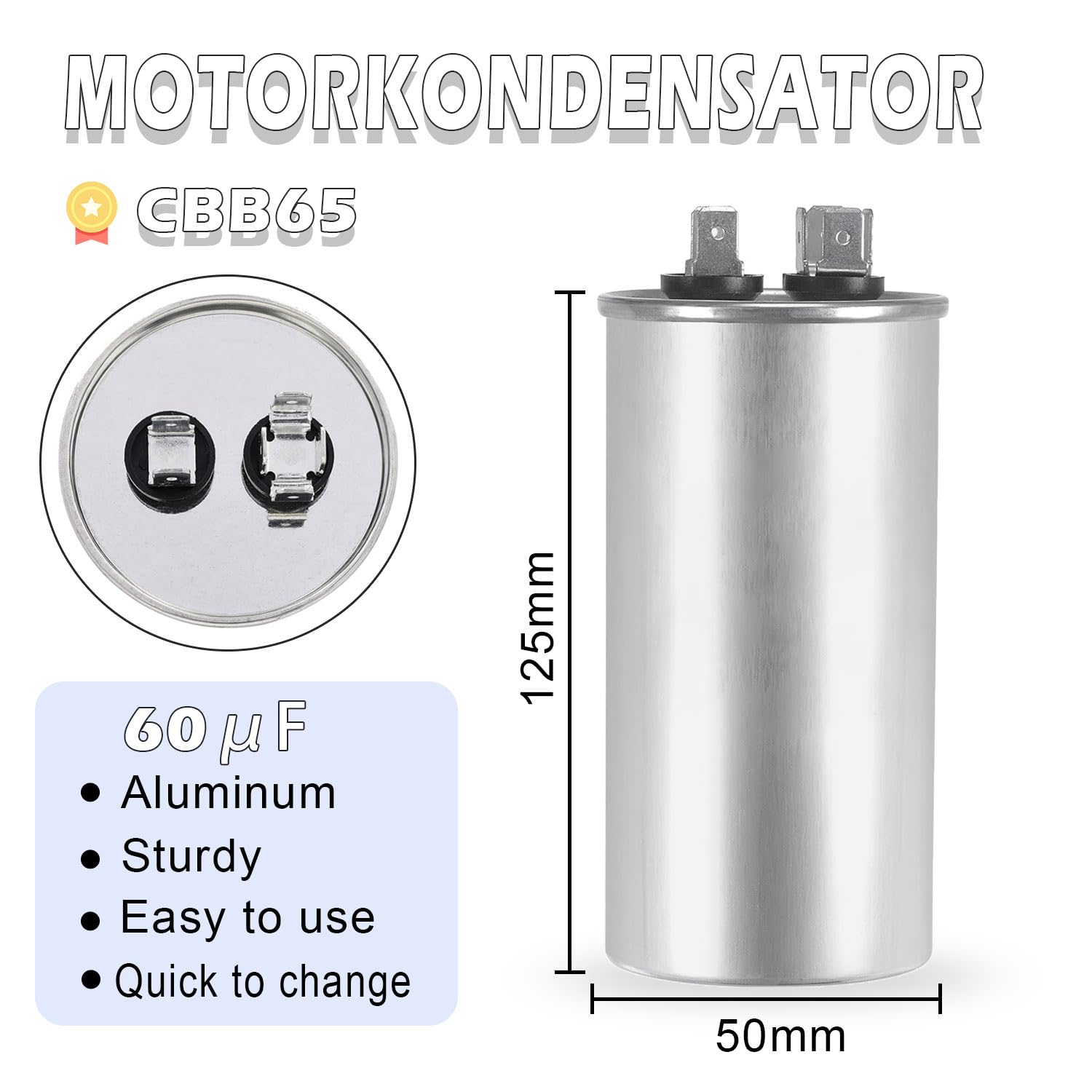 Iruihoo 60uF CBB65 Condensador de motor 450V CA 50/60Hz, 60µF arranque funcionamiento carcasa metálica