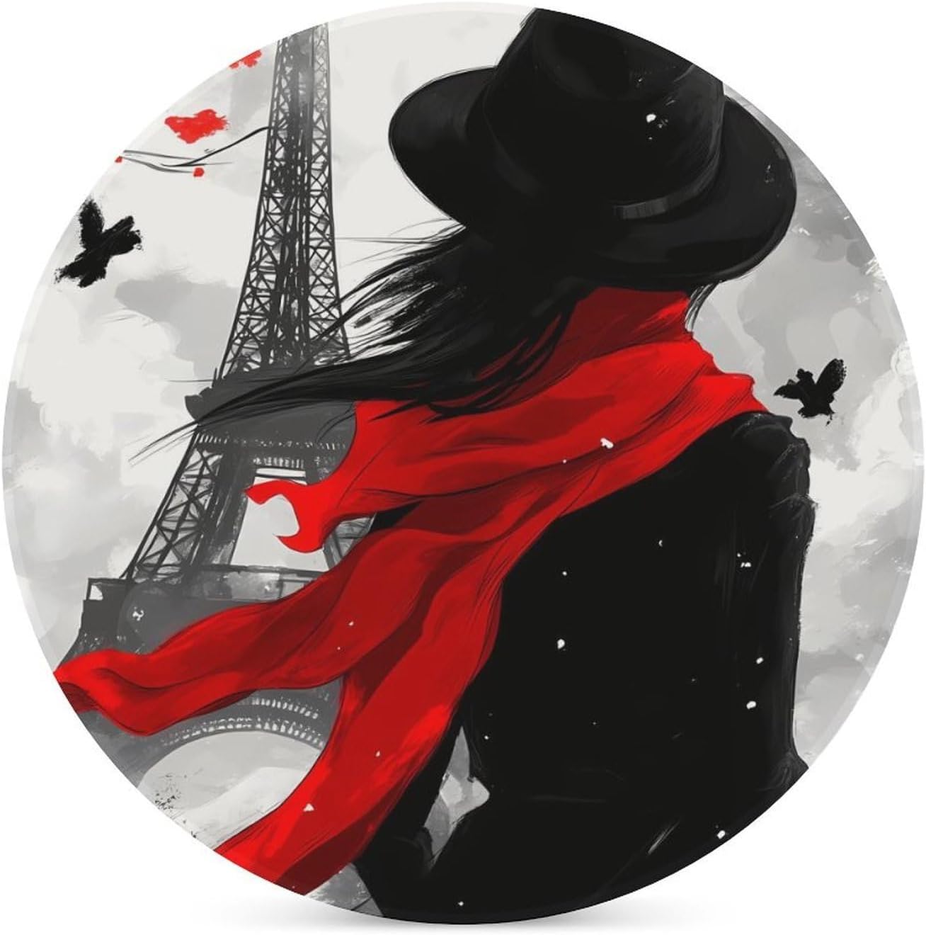 A Women in Red Scarf Paris Eiffel Tower Round Ceramic Coasters Print Drinks Absorbent with Cork Base for Home Decor Gifts 4 Inch