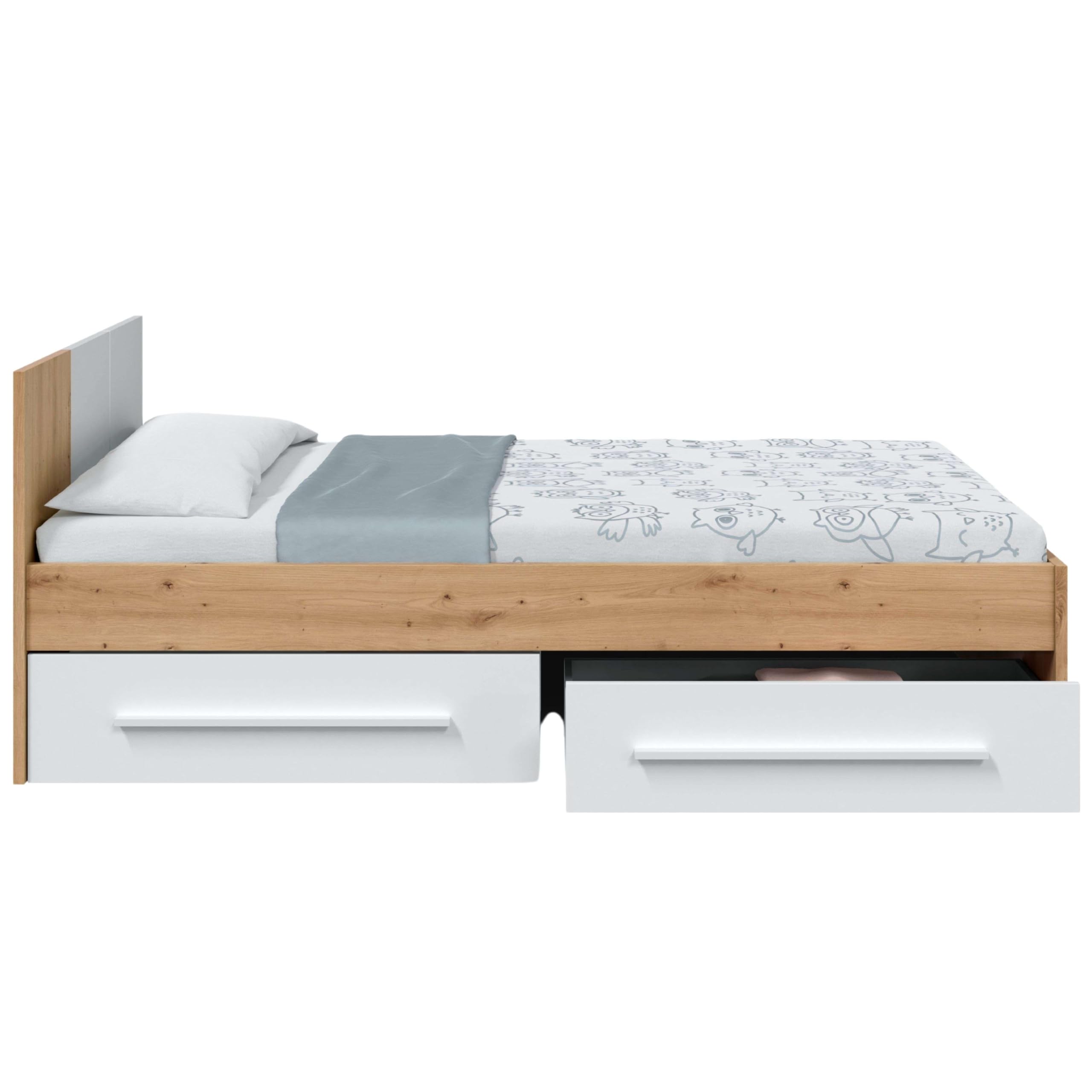 Letto singolo con 2 cassetti, letto giovanile, letto per bambini, modello Noa, finitura in bianco Artik e rovere odi, Dimensioni: 196 cm x 97 cm (larghezza) x 77 cm (larghezza) x 77 cm (altezza)