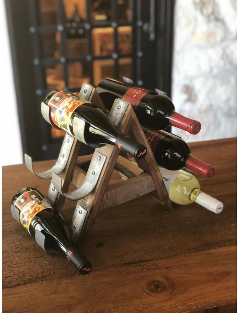 Soporte para 6 botellas de vino, diseño de duela de barril con bandas metálicas