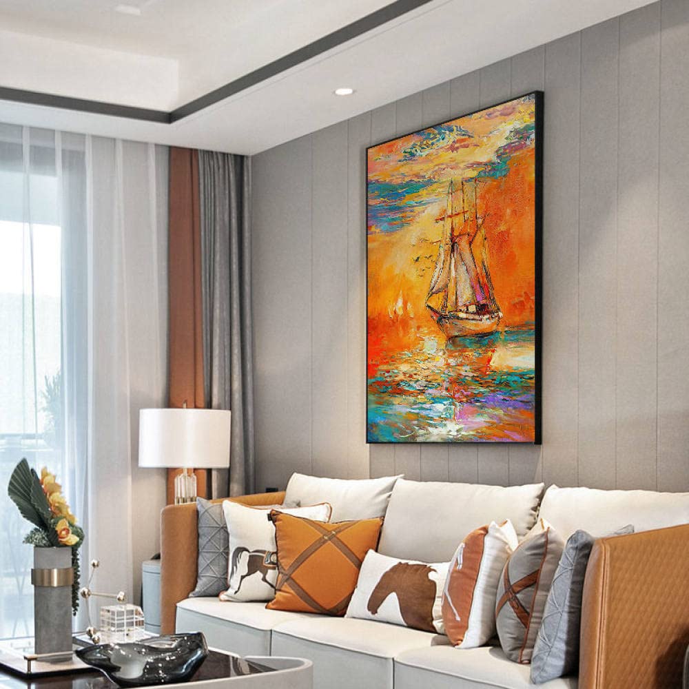 Hand Painted Oil Painting On Canvas, Unframed Ocean Sailing Paintings, 3D Texture Abstract Orange Smooth Sailing Dining Room, Modern Abstract Large Wall Art Decor for Living Room Bedroom