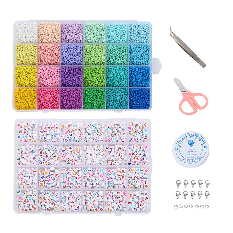 12000pcs Glass Seed Beads 3mm Colorful Bead Jewelry Making Kit with 1200pcs Alphabet Letter Beads and Accessories Material mini 24-grid for DIY Bracelets Jewelry Making Necklaces and Key Chains