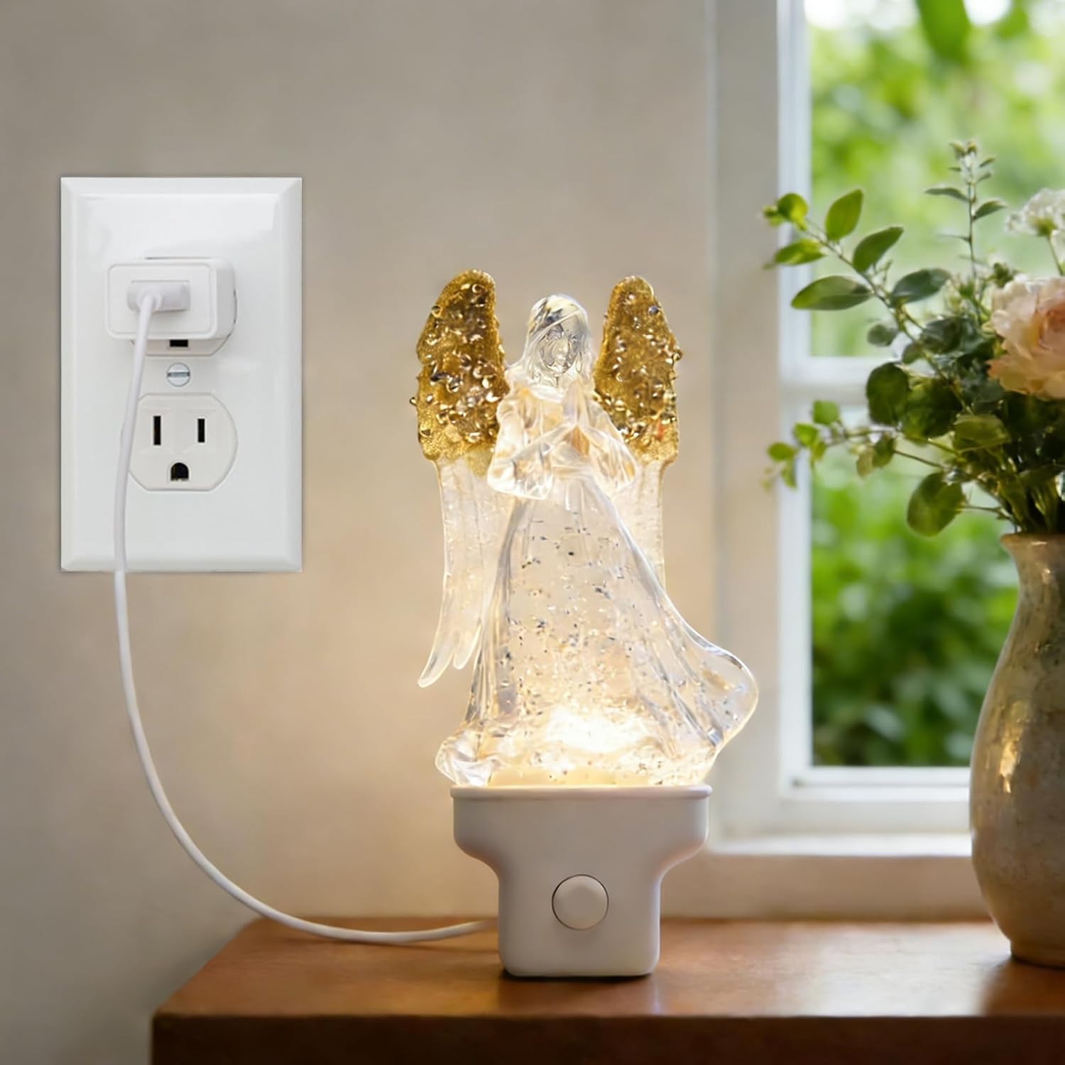 Angel Night Light Plug into Wall with Swirling Glitter, 3000K Warm White LED Nightlight with Extension Cord, Decorative Bedside Night Light for Bedroom, Nursery, Bathroom, Kids Room