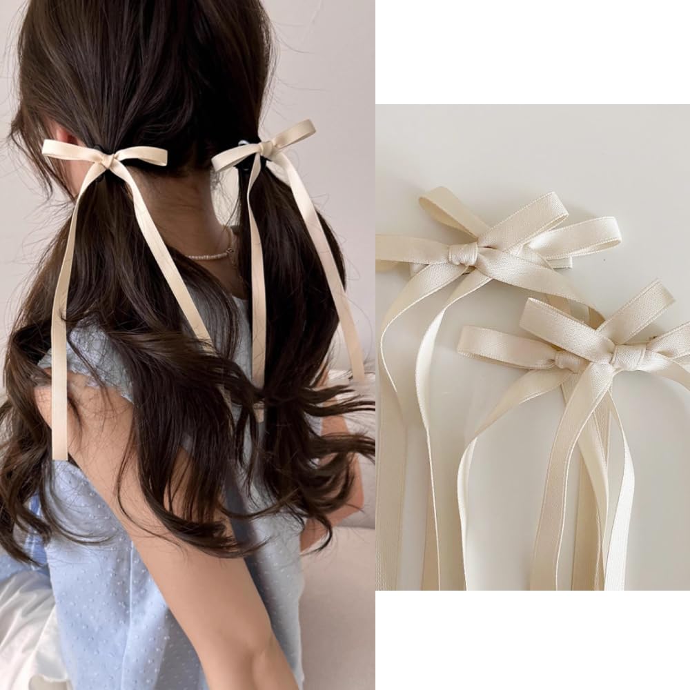 ヘアクリップ リボン 4個セット 髪飾り ロングリボン ヘアアクセサリー リボンピン ヘアアレンジ シンプル レディース ホワイト