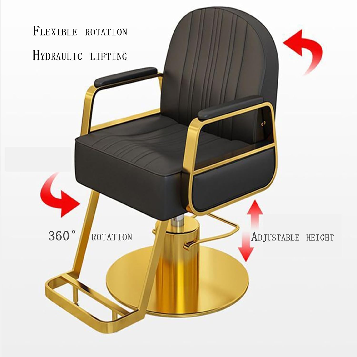Luxus fotel fryzjerski i salonowy, hydrauliczne krzesło do stylizacji ze złotymi akcentami do strzyżenia, kolorowania i zabiegów spa, elegancki czarny design