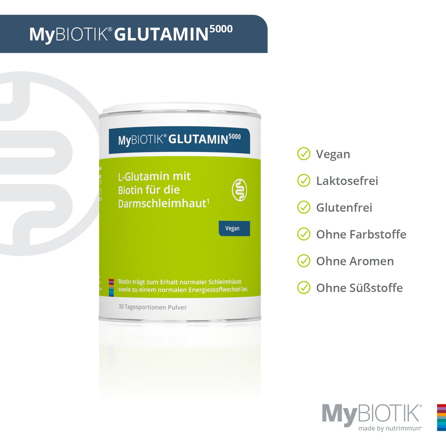 MyBIOTIK®GLUTAMIN5000 I made by nutrimmun I Für 30 Tage I Hochdosiert I 5g L-Glutamin I Biotin I Pulver I Ohne Zusatzstoffe I Vegan I Glutenfrei I Laktosefrei I Laborgeprüft