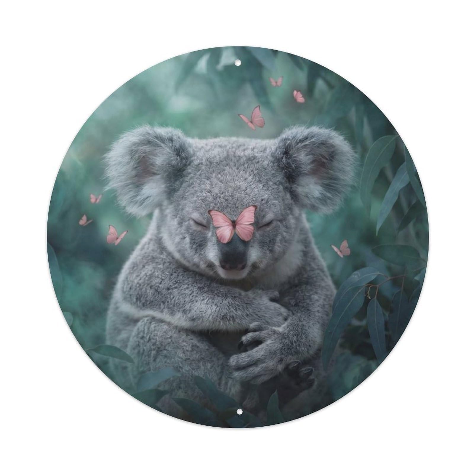 Australian Koala Rose Butterfly Cute Wildlife Eucalyptus Dream Metal Tin Sign Plaque Wall Decor for Cafe, Man Cave, Club Bar, Office, Home Garden Round Metal Poster 8x8Inch