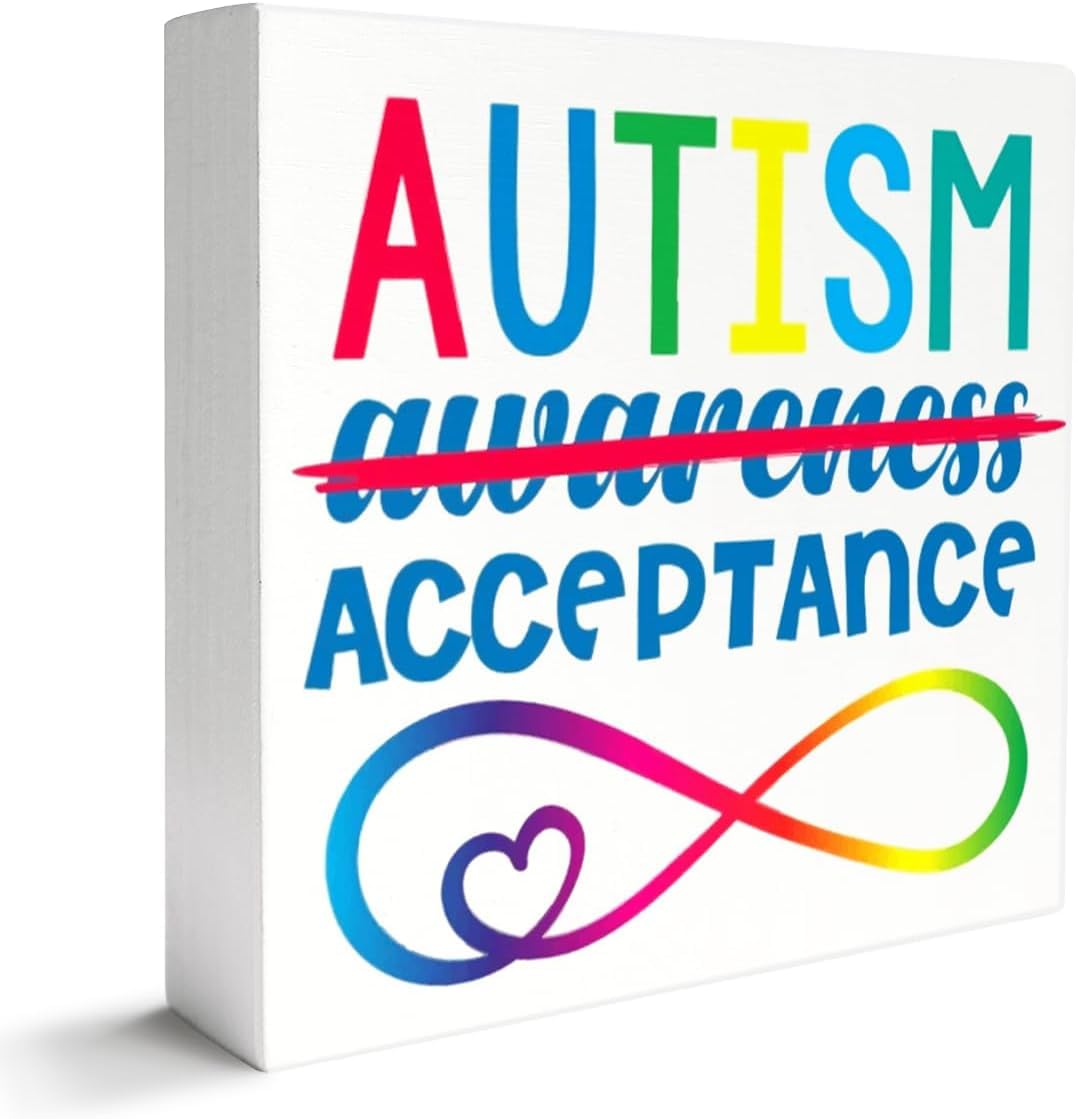 Autism Acceptance Box Sign 5x5 Inch Rainbow Infinity Desk Decor