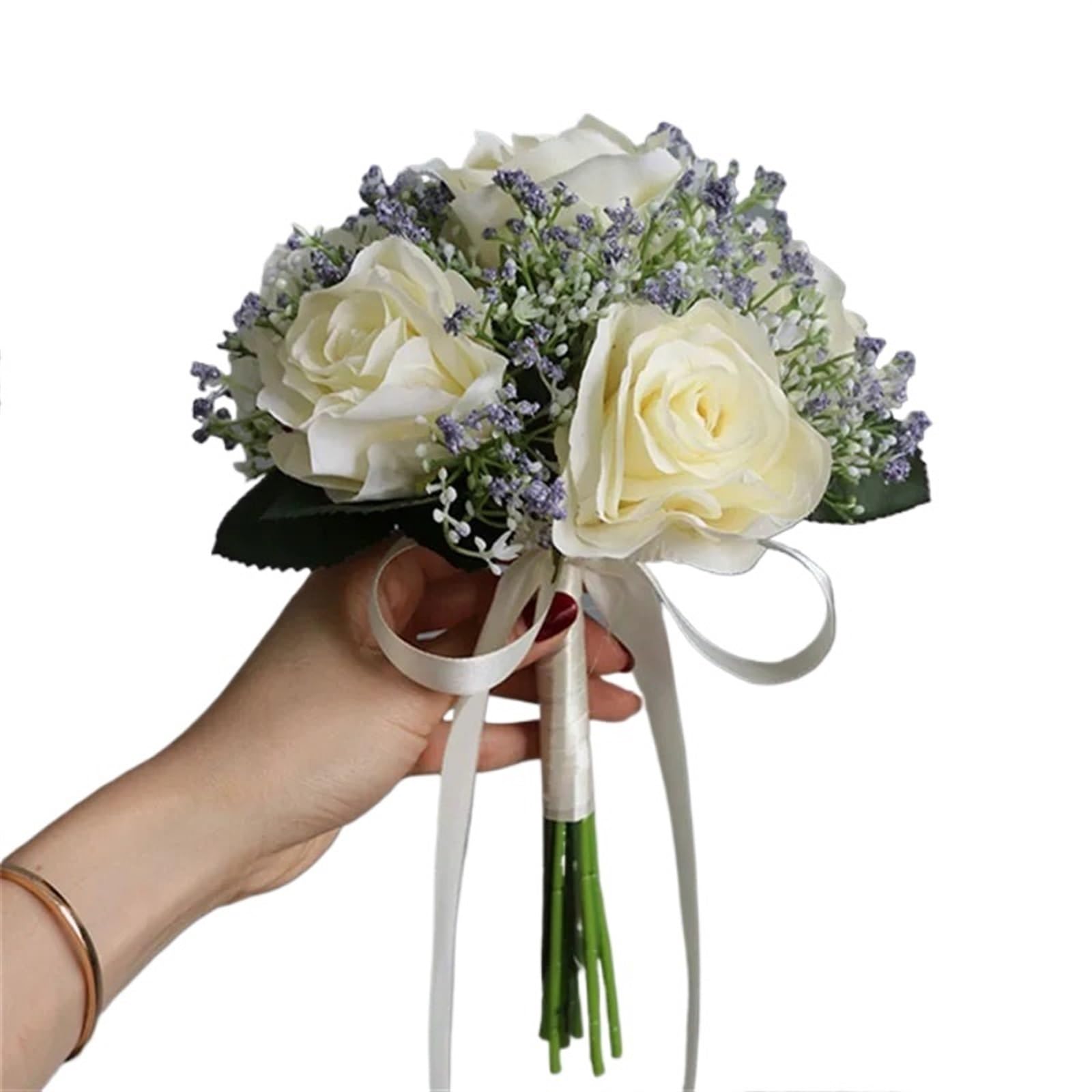 NDLHXKFRP Wedding bouquets for brides and bridesmaids, Artificial Silk Rose Bouquet Multicolor Wedding Bridal Babysbreath Decoration(Beige)