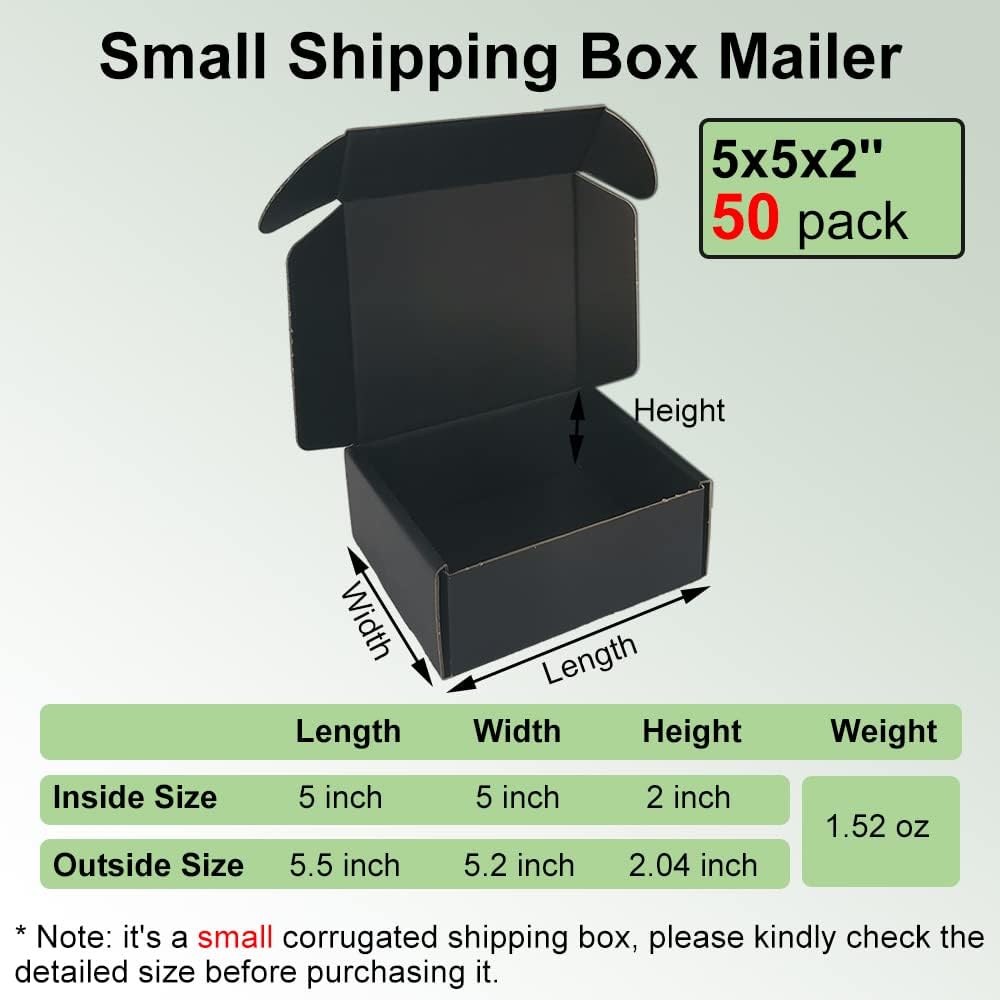 50 Pack 5x5x2'' Small Shipping Boxes, Black Corrugated Cardboard Mailers for Mailing Packaging Small Business(BK552-50)