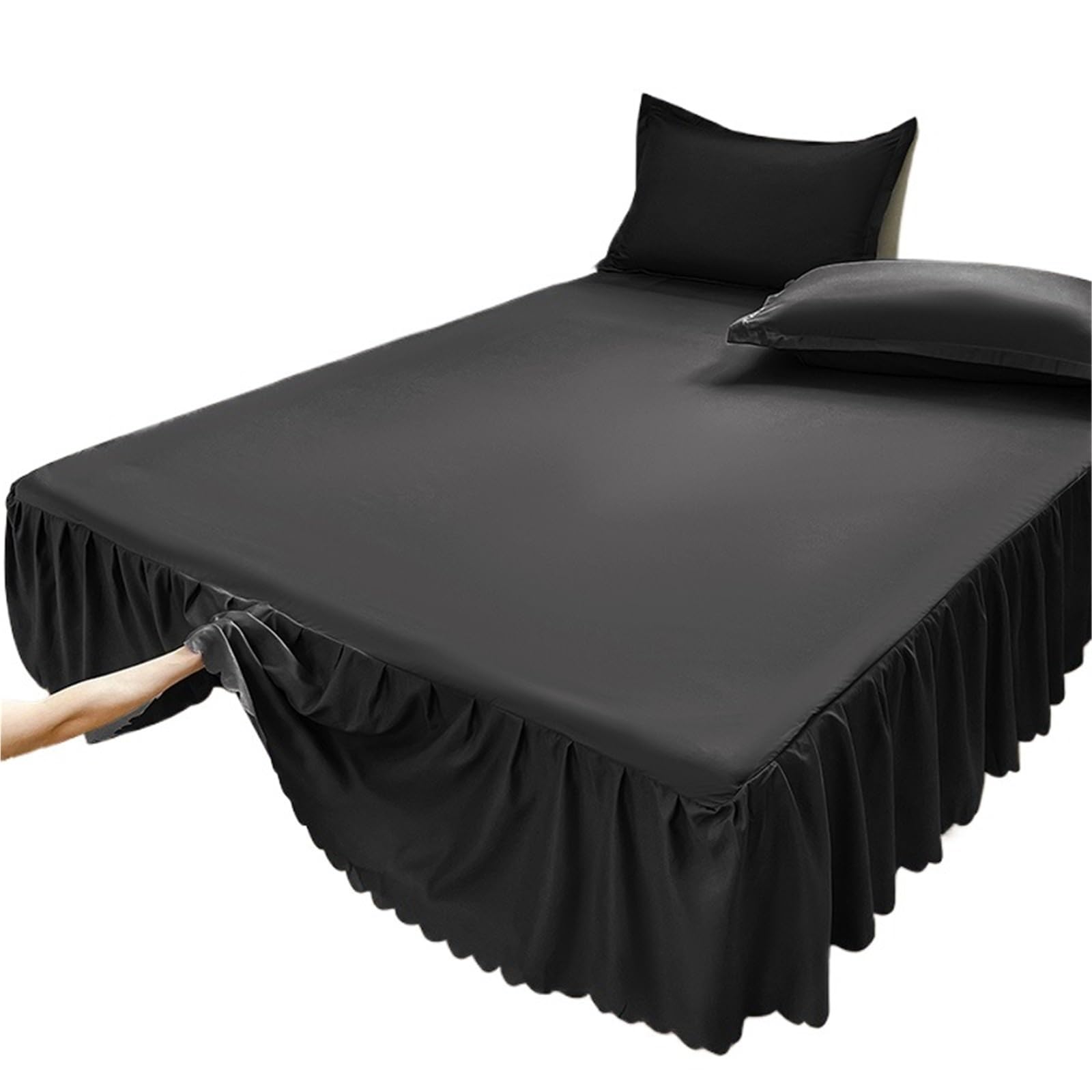 Ruffled Bed Skirt 1Pc White Black Ruffles Bed Skirt Elastic Band Mattress Cover Bedspread Single/Queen/King Size Sheet (No Pillowcases)(Black,1 pc skirt 153x203cm)