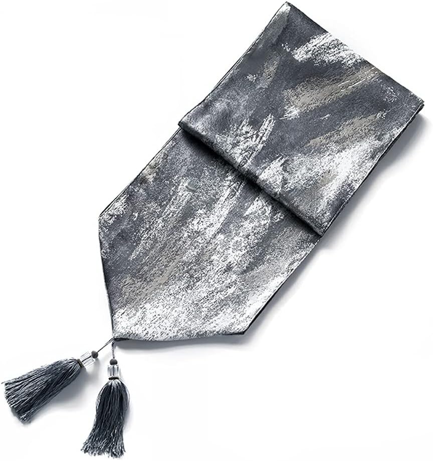 JSEIAJB Sliver Polyester Fabric Table Runner Table Runners with Tassel Wedding Banquet Decoration(12.6*82.7in)