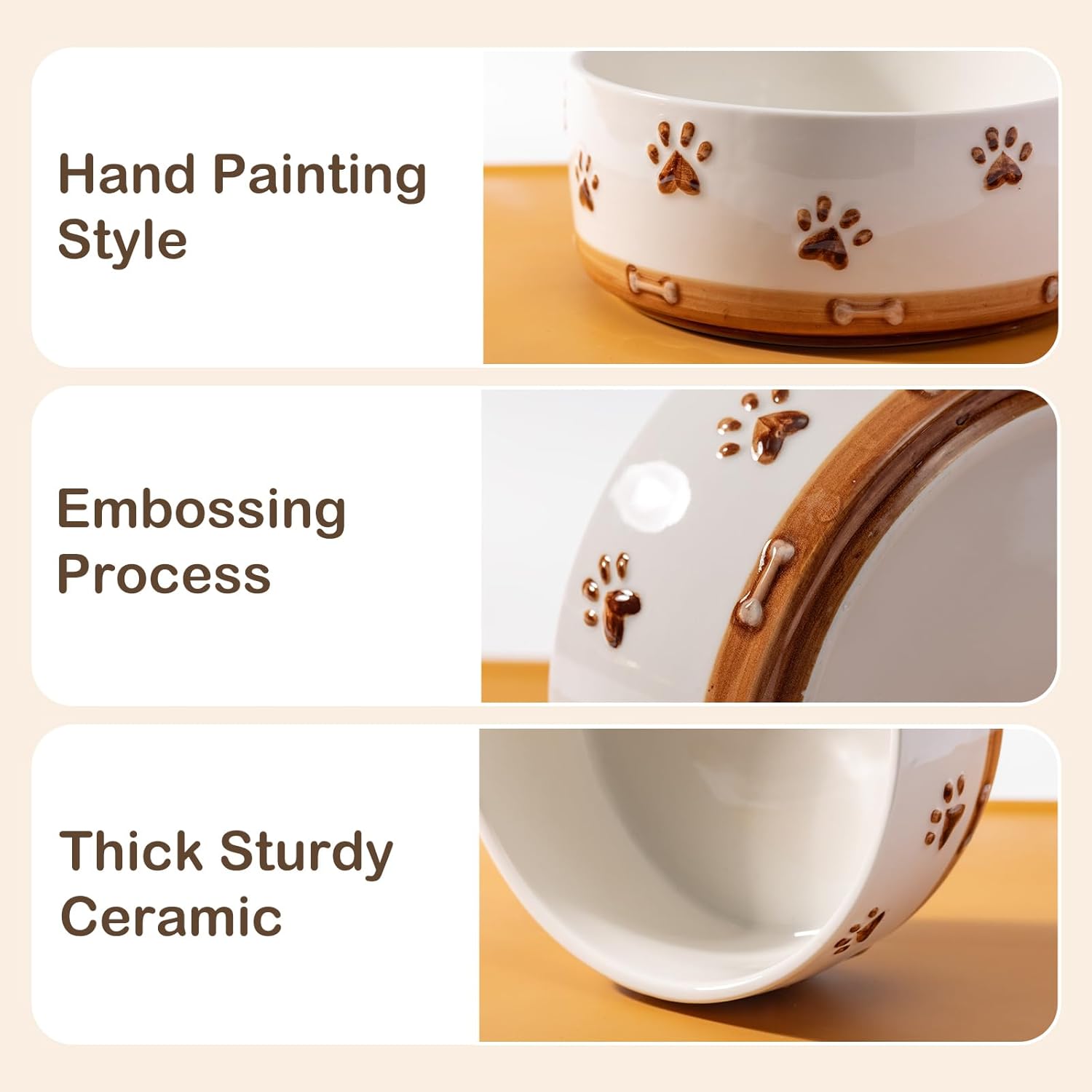 Ceramic Dog Bowls, 3.5 Cups Dog Food and Water Bowl Set for Medium Dogs with Wooden Stand and Non-Slip Silicone Food Mat, Weighted Embossed Cute Puppy Bowls Feeding Dishes Set of 2, 32 OZ - Image 5