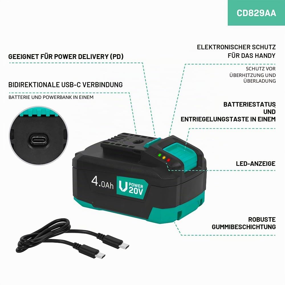 VONROC Akku - Akku Plattform Vonoc Werkzeuge - Lithium-Ionen Technologie - USB C Anschluss (CD829AA)
