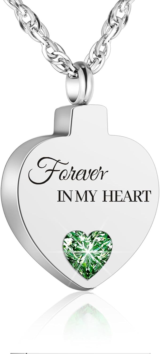 XIUDA Crystal Cremation Urn Necklace for Ashes Keepsake Birthstone Cremation Jewelry Heart Ashes Necklace for Women Stainless Steel Memorial Pendant - Forever In My Heart