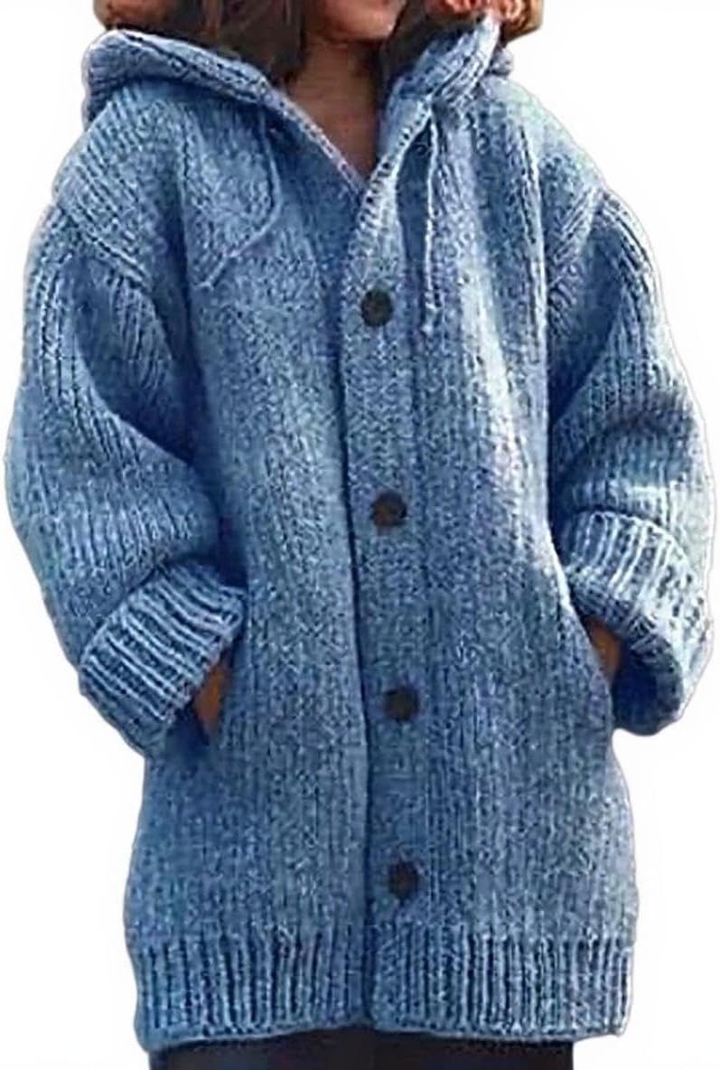 Oversized Plus Size Button Up Hooded Chunky Cardigan Sweaters for Women Casual Warm Plain Ribbed Knit Jackets Coats