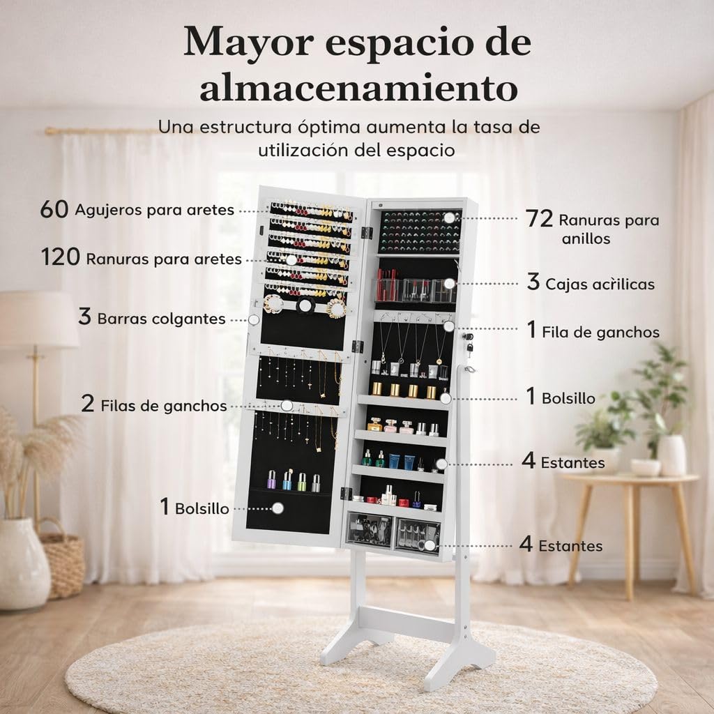 Espejo Joyero de Pie con Cerradura 155x41x37cm Armario Organizador