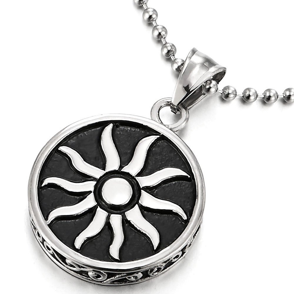 COOLSTEELANDBEYOND Etnico Tribal Círculo Girasol Collar de Colgante de Hombre Mujer, Acero, Bola Cadena 60CM, Negro Plata Dos Tonos