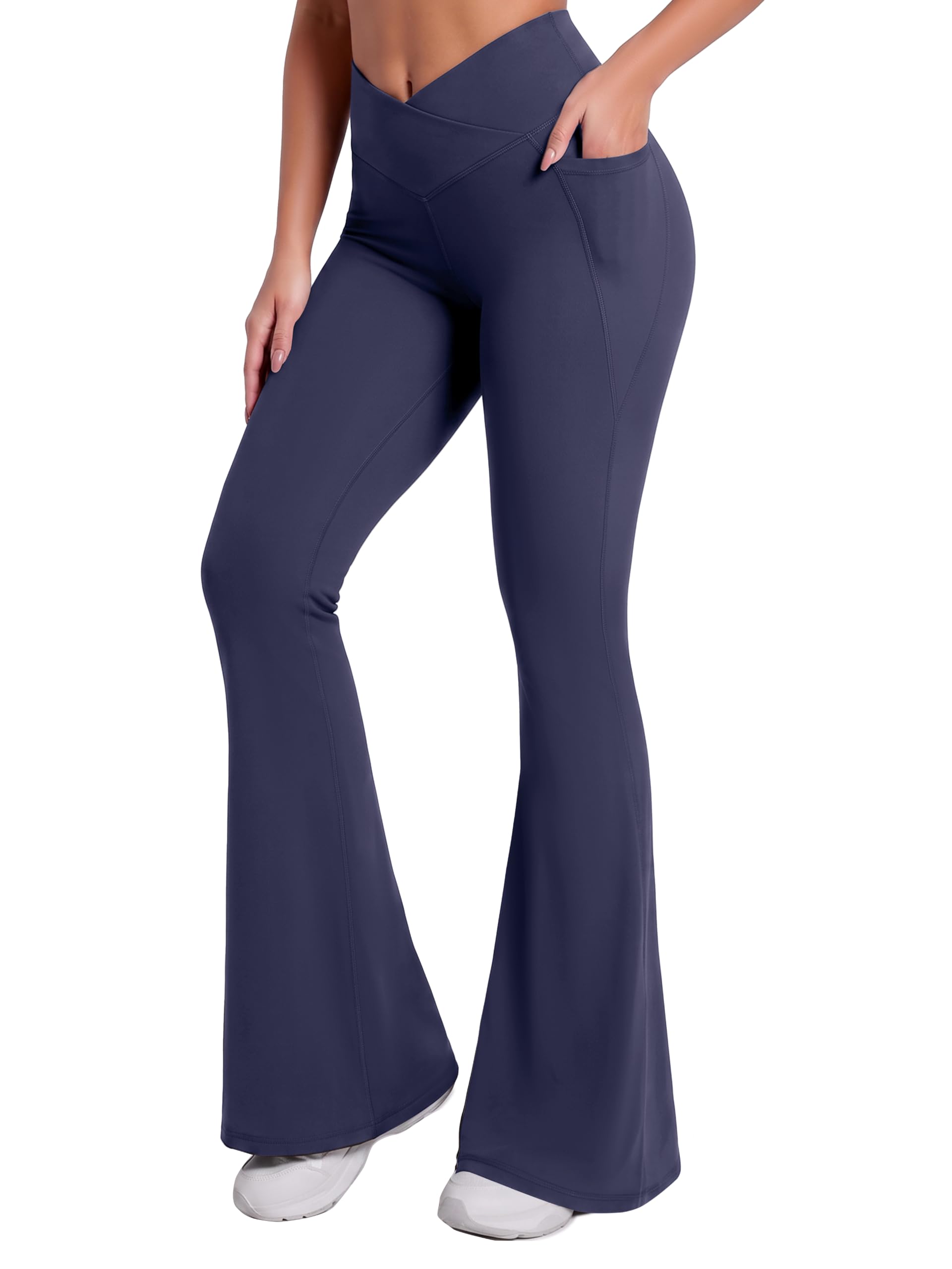 Sunzel Crossover Flare Leggings with Pockets for Women Buttery Soft Yoga Pants Fashion V Cut Bootcut Leggings 32" Ash Blue Small