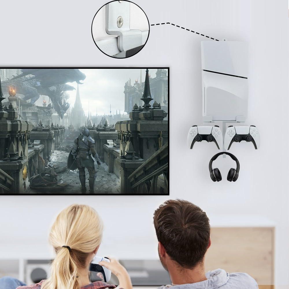 Wandhalterung für PS5 Slim/PS5 Pro Konsole, Aluminium PS5 Slim Disc/Digital Konsole Wandregal Halterung mit Controller & Kopfhörerhalter – Weiß (nicht für normale PS5)