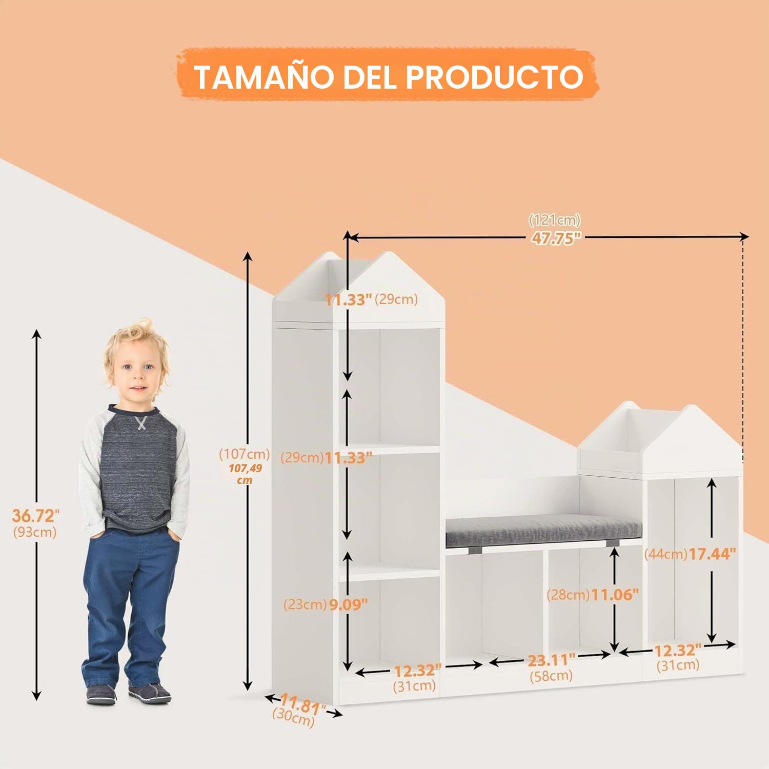 Garvee Estantería Niños Grande con Asiento - 121 * 30 * 108CM - Librería Infantil de Madera - Compartimentos Clasificables Multifunción - Estanteria Infantil Gran Capacidad - Color Blanco