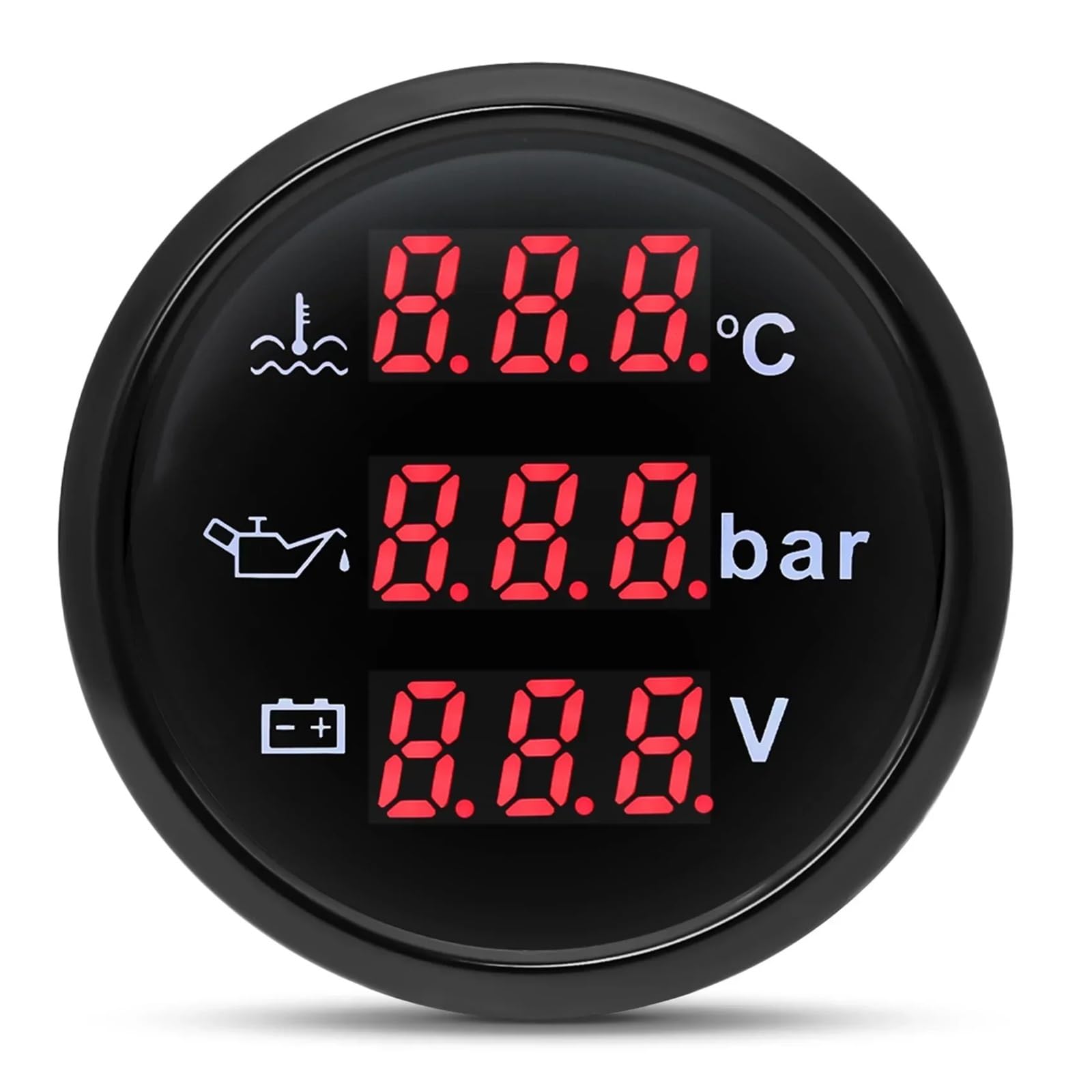 Wskaźnik samochodowy 3 w 1 Temperatura wody + Ciśnienie oleju + Woltomierz, Wodoodporny wskaźnik samochodowy z cyfrowym czerwonym podświetleniem 52 mm Uniwersalny(Black)