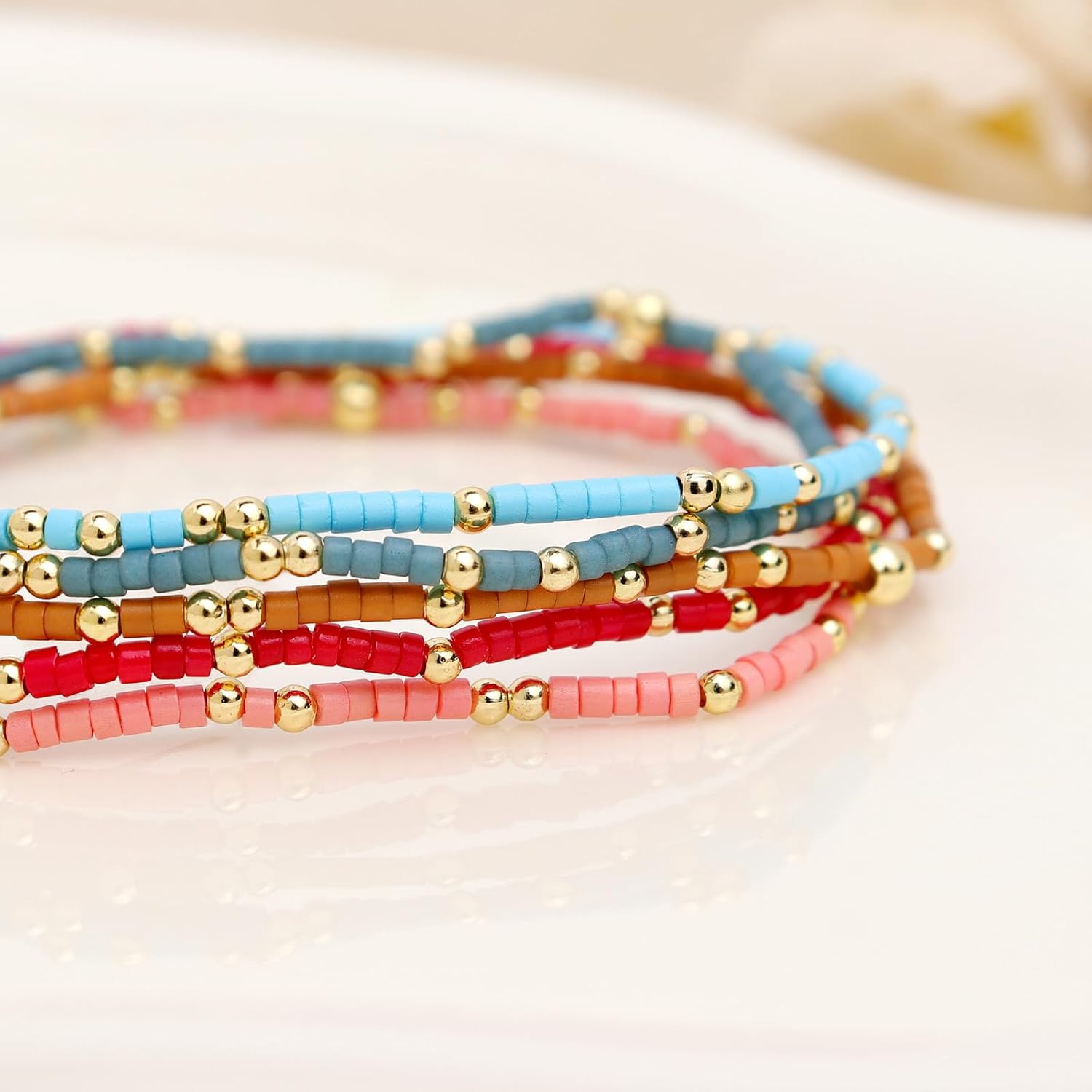 Gold Seed Beaded Bracelets Set for Women, 5Pcs Colorful Boho Friendship Blue Red Beads Stackable Stretch Bracelet Summer Beach Jewelry Gift - Image 5