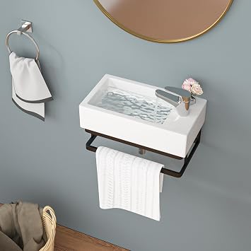 Sarlai Wall Hung Bathroom Vessel Sink,High-Fired Ceramic Basin 46x27x12cm | Modern Gloss White Rectangular Cloakroom Basin with Tap,Towel Tail & Pop-up Drain,Scratch-Resistant,for Vanity & Bathrooms