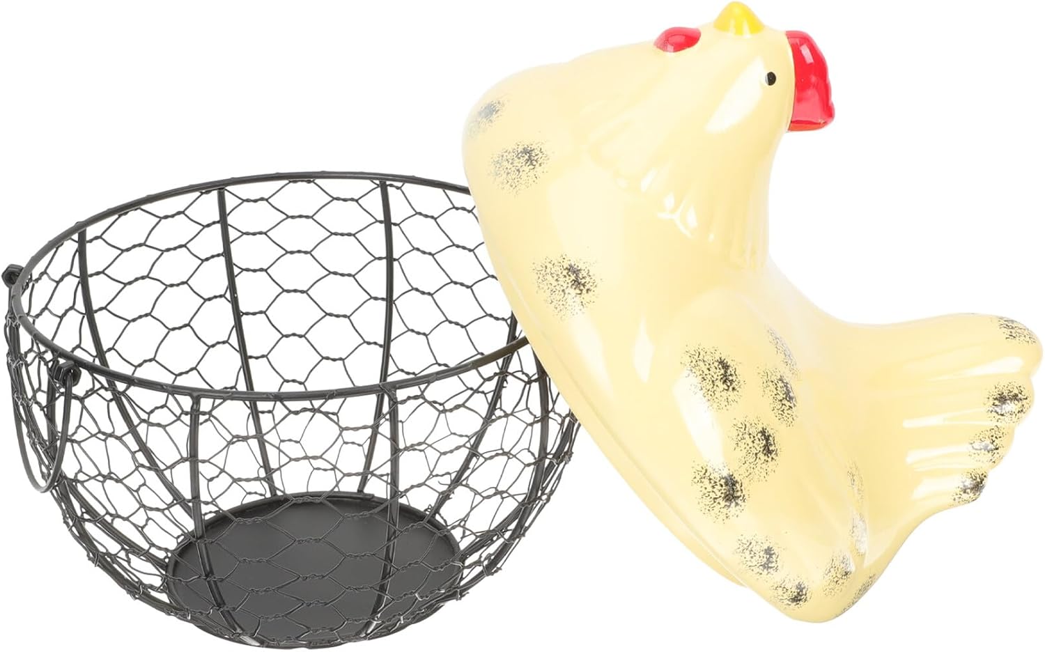 PRETYZOOM Hen Shape Egg Storage Basket with Lid Warm Yellow Ceramic and Black Dot Metal Mesh Wire Egg Basket for Kitchen Countertop Farmhouse Style for Home Use