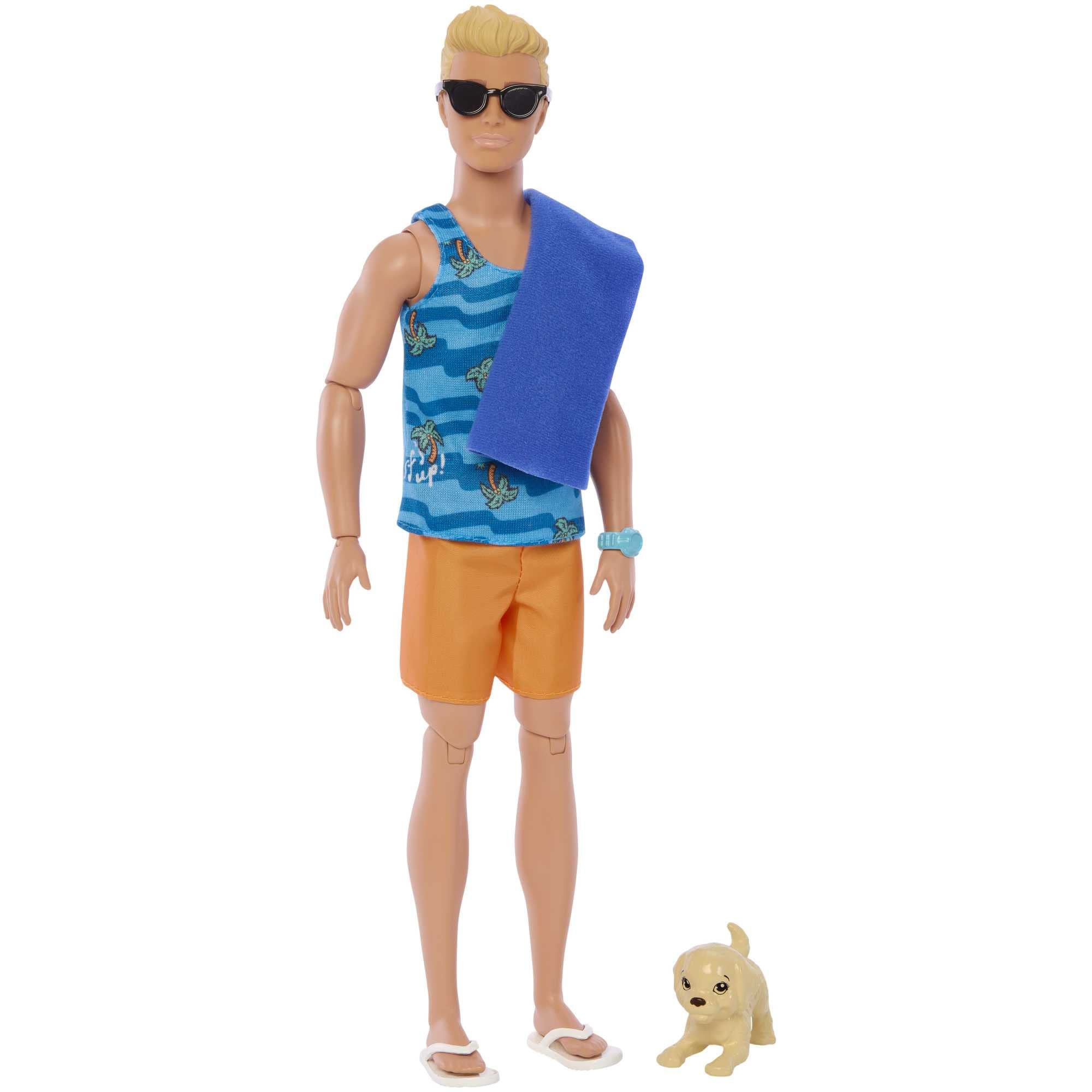 Barbie Ken Surfer Lalka plażowa (blondyn) z deską surfingową i pieskiem + akcesoria tematyczne, takie jak ręcznik HPT50