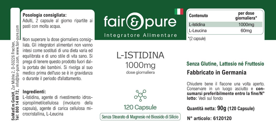 Fair & Pure L-Histidin 1000mg, 120 Kapseln, Aminosäure, veganes Nahrungsergänzungsmittel ohne Zusätze, in Deutschland hergestellt (Packung mit 2)