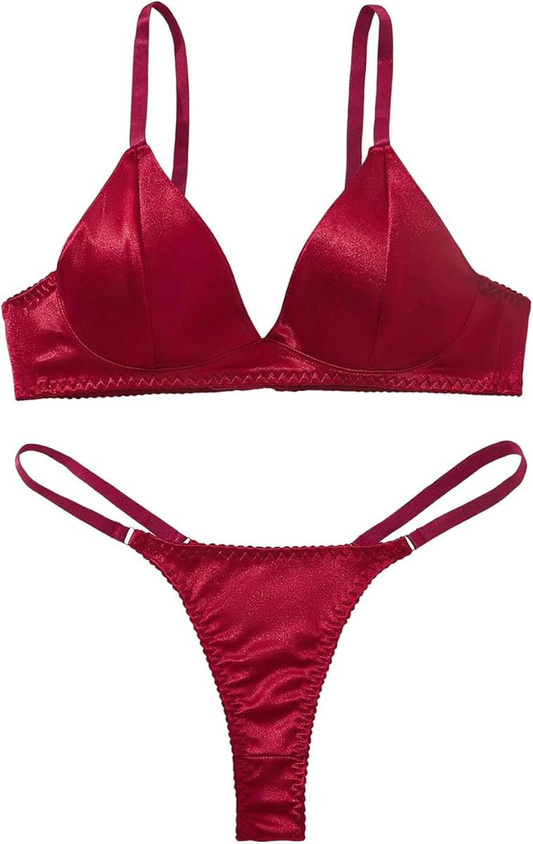 SHENHE Women's Satin Lingerie Set 2 Piece V Neck Triangle Bra and Panty Thong Set