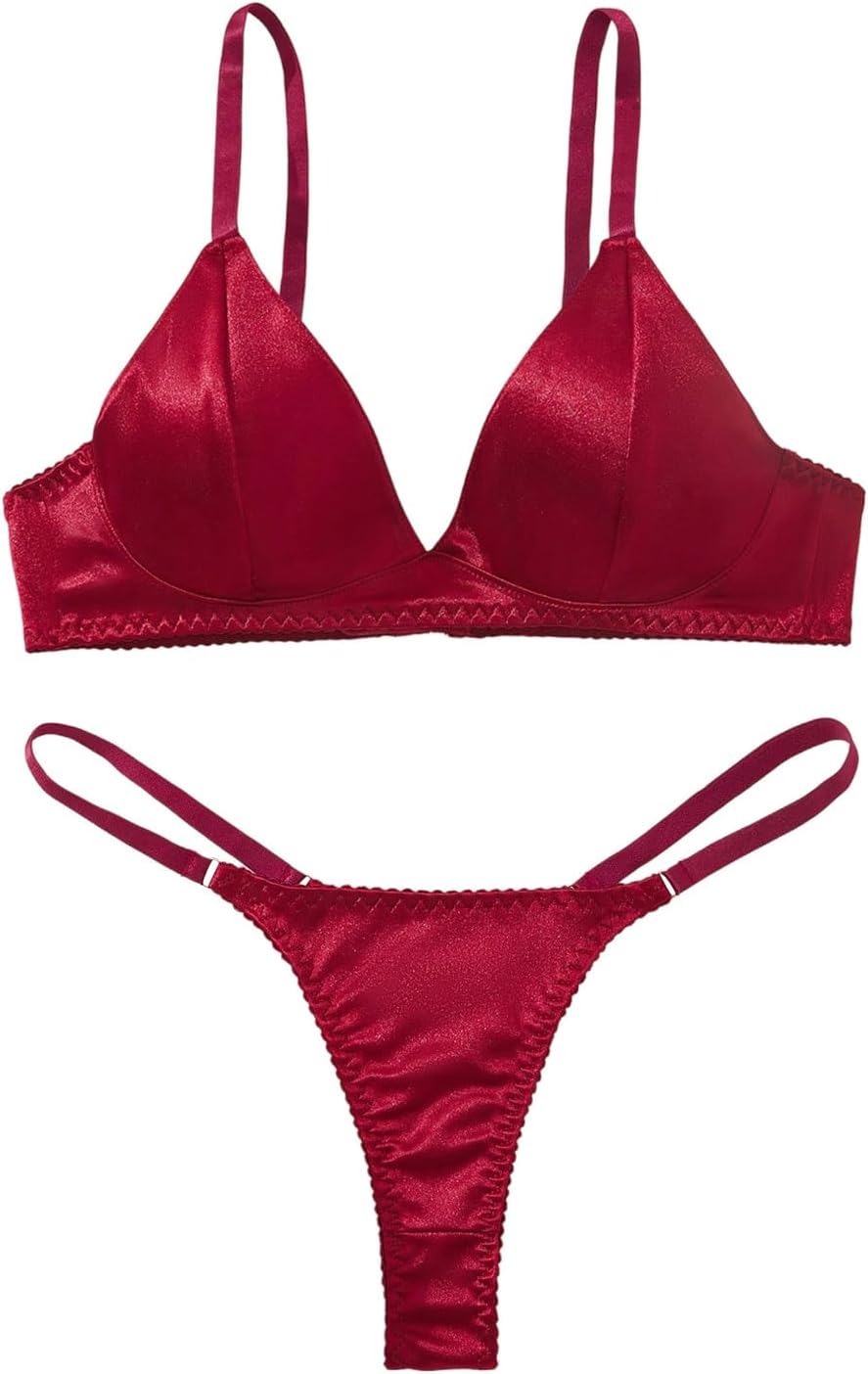 SHENHE Women's Satin Lingerie Set 2 Piece V Neck Triangle Bra and Panty Thong Set