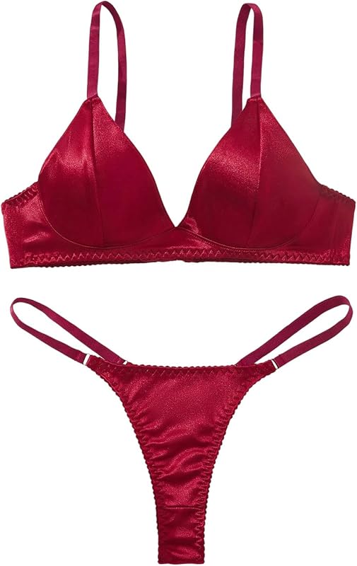 SHENHE Women's Satin Lingerie Set 2 Piece V Neck Triangle Bra and Panty Thong Set