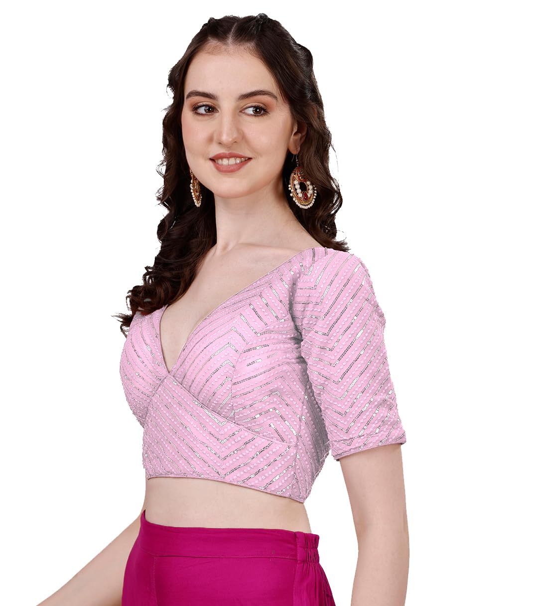 Pujia MillsWomens Fancy Readymade Ethnic wear Half Sleeve Sequins Saree Blouse sabyasachi Blouse for Women Saree and Lehenga Choli Bridal Blouse