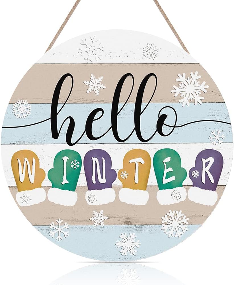 CHDITB Hello Welcome Winter Door Sign Decoration(12"x12"), Round Colourful New Year Wall Hanging Decor with Snowflake Gloves Mitten, Rustic Christmas Holiday Door Hanger for Front Porch Farmhouse
