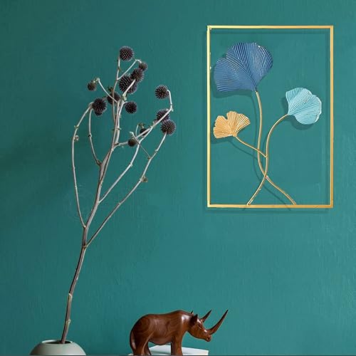 Gold Metal Wall Art Decor for Living Room, Golden Leaf Room Decor Wall Sculptures Decorations for Home Hanging, Golden Leaf Wall Hanging Decor with Frame for Bedroom, Living Room, Office