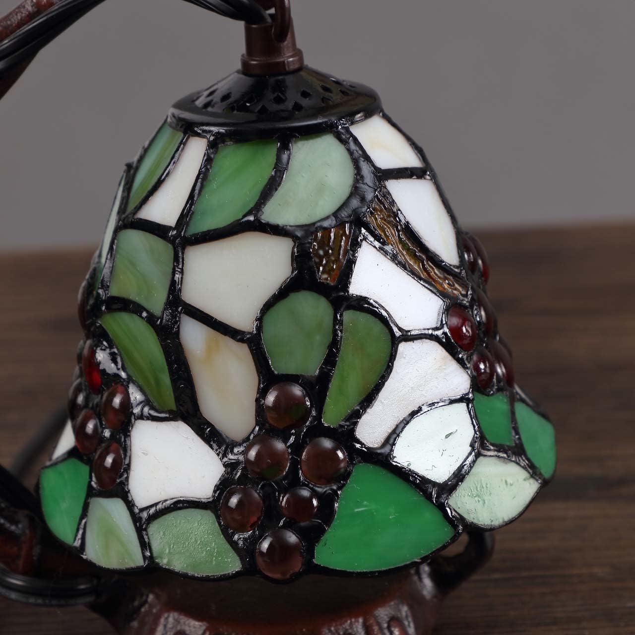 Bieye L10035 Grapes Tiffany Style Stained Glass Table Lamp with 6-inch Wide Lampshade Hanging on The Base (Green)