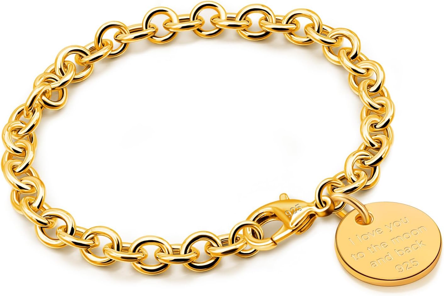 Dankadi Women 925 Sterling Silver Round Cable Wire Link Bracelet Charm Heart-Bell-Square-Circle Pendant Chain Bangle Fine Jewelry Gift For Wife Her