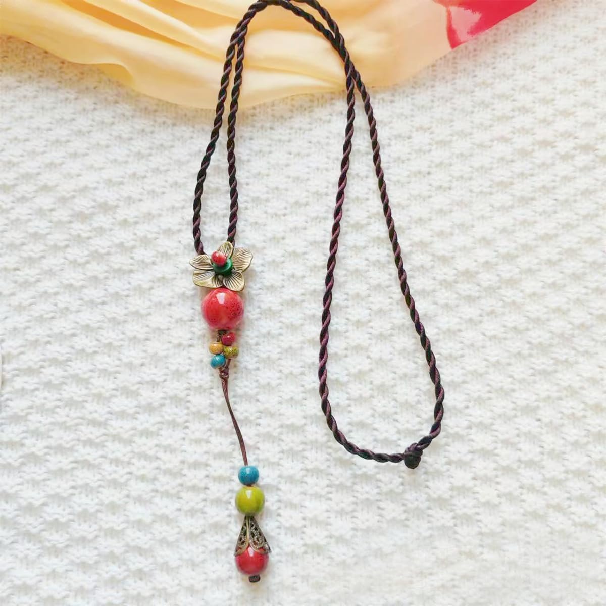 Hippie Boho Colorful Ceramic Round Beads Strand Necklace, Bohemian Long Bead Collar Necklace - Image 2