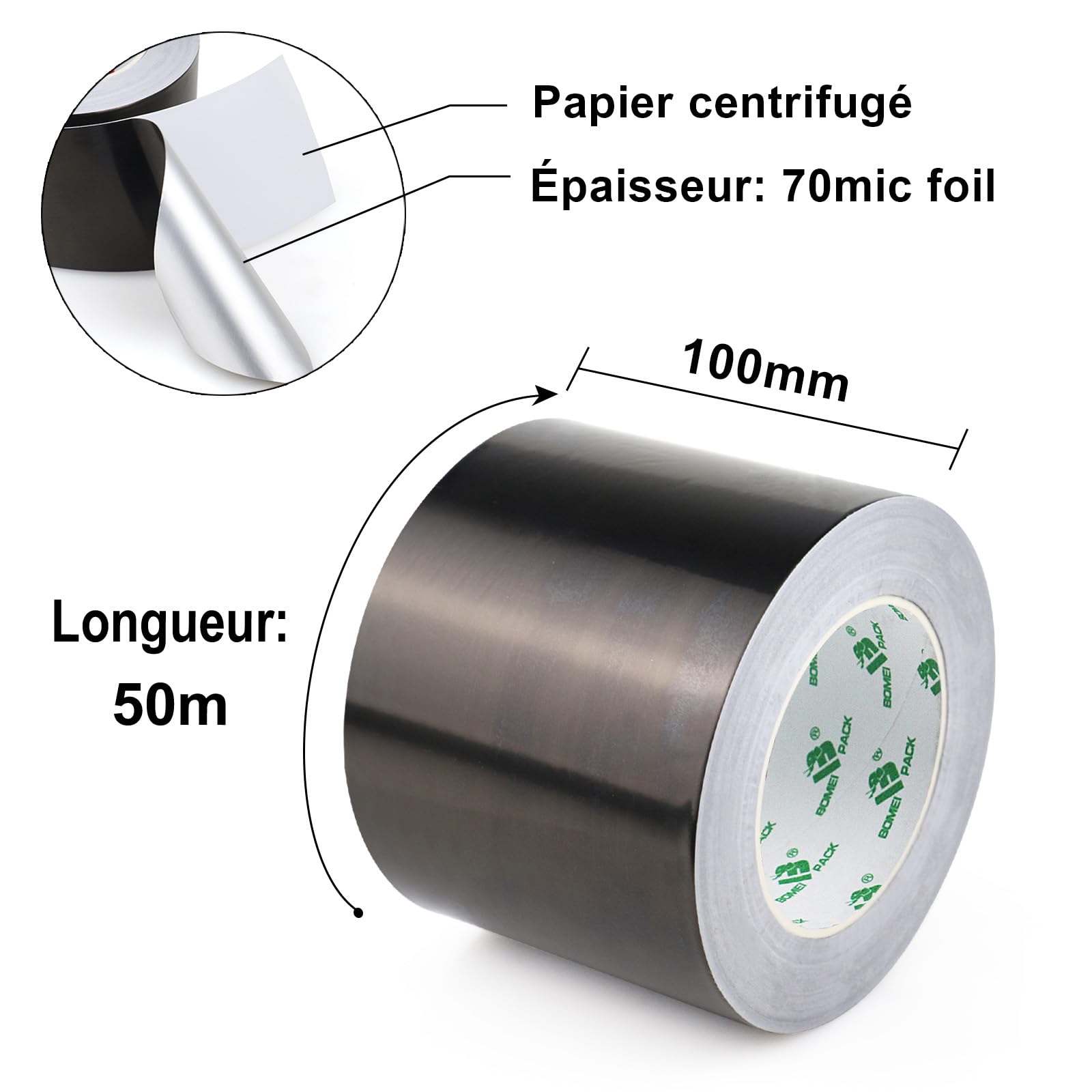 BOMEI PACK Large Ruban adhésif en aluminium 50 m ruban métallique très résistant, résistant à la chaleur, parfait pour l'étanchéité et le colmatage, réparation des métaux (Noir 100mm*50m)