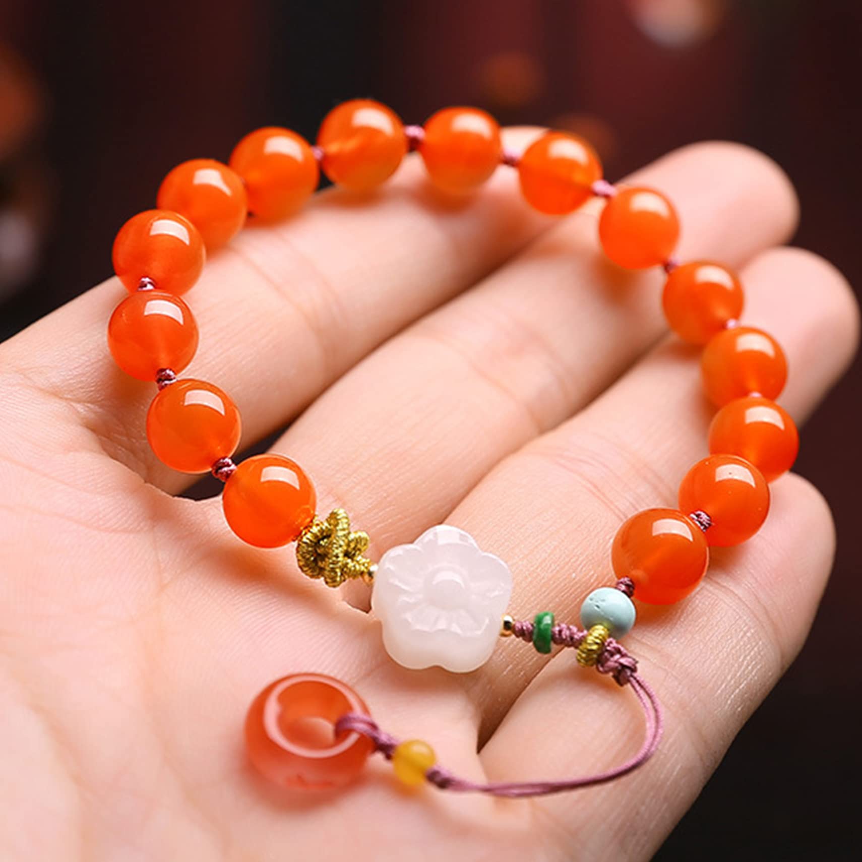 Natural Edelsteinarmband, Wohlstandsarmband Rot -Achat -Armband 8 -mm -Kristallarmband für Frauen Harmonie Schnalle/Kreis Anhänger Kristall Chakra Meditation