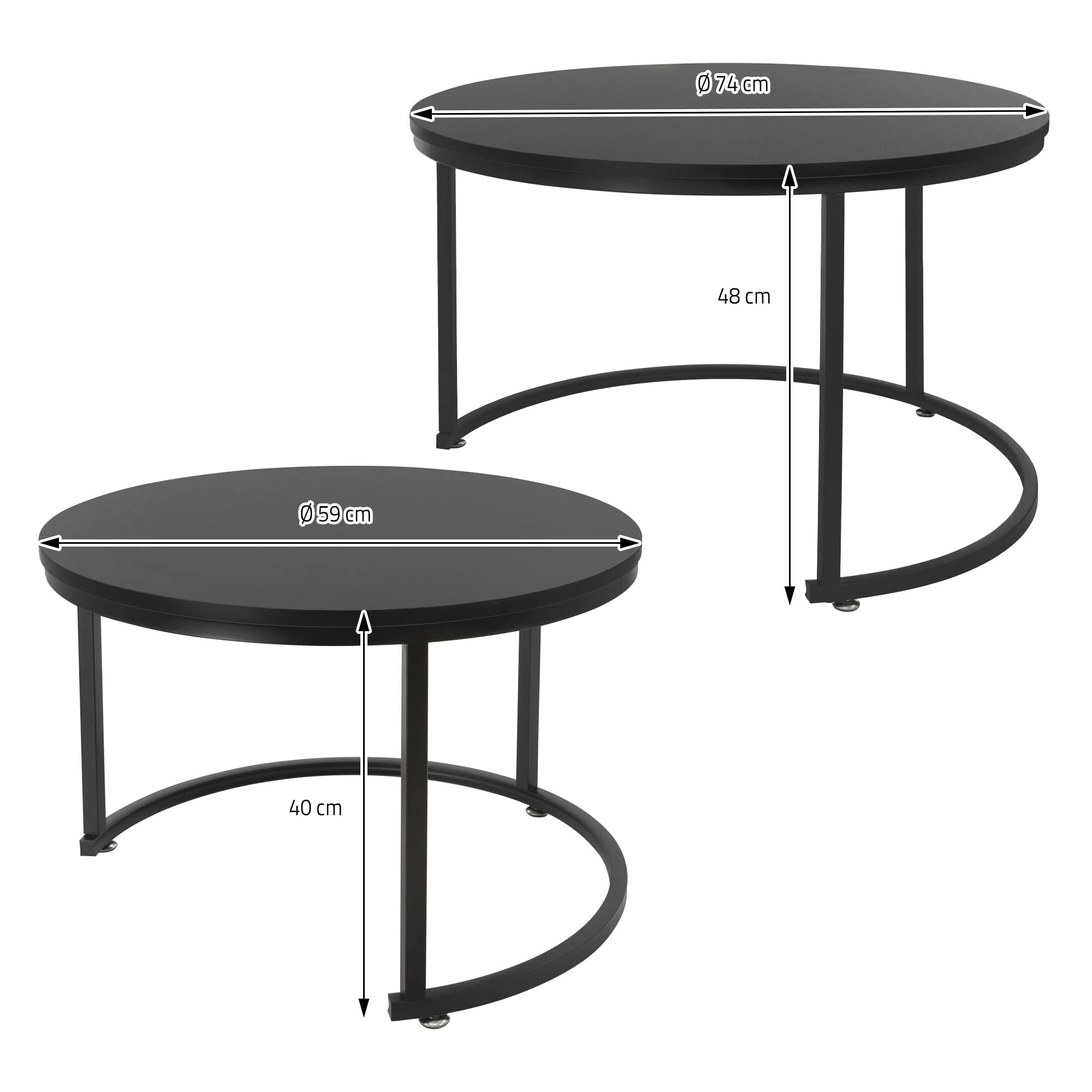 ML-Design Set di 2 Tavolini da Caffè Salotto Soggiorno Divano Sovrapponibili Rotondi Ø 59x40 cm/Ø 74x48 cm Tavoli d'Appoggio Impilabili in MDF e Struttura Telaio in Metallo Nero Design Moderno