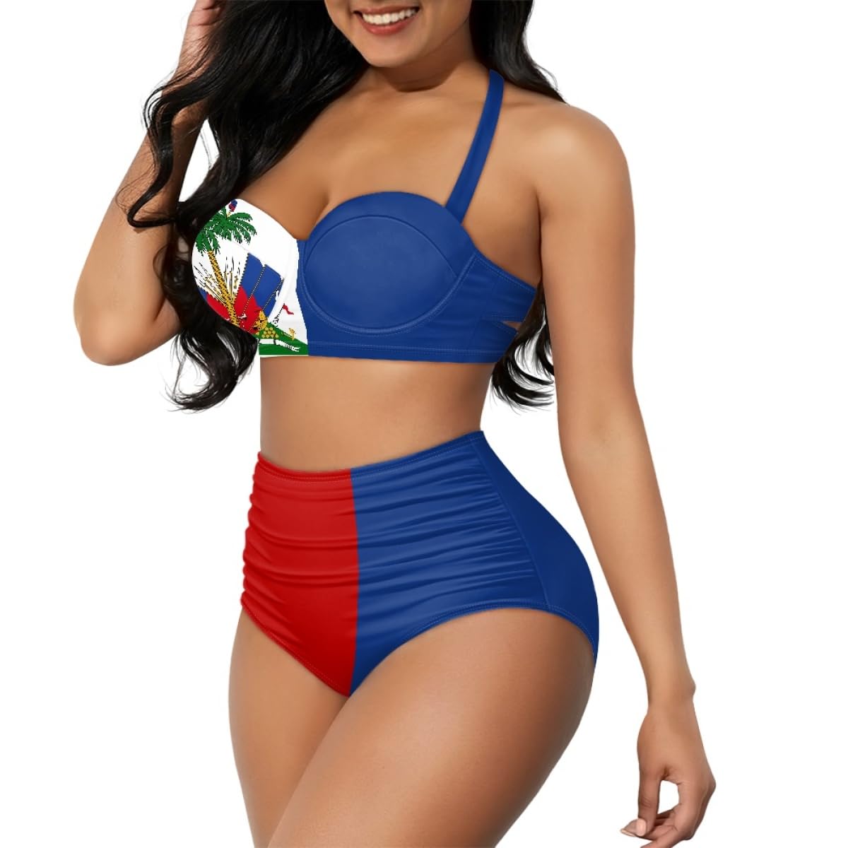 GLUDEAR Women Haitian Flag Print High Waisted Bikini Set Two Piece Tummy Control Vintage Swimsuit Halter Bathing Suit